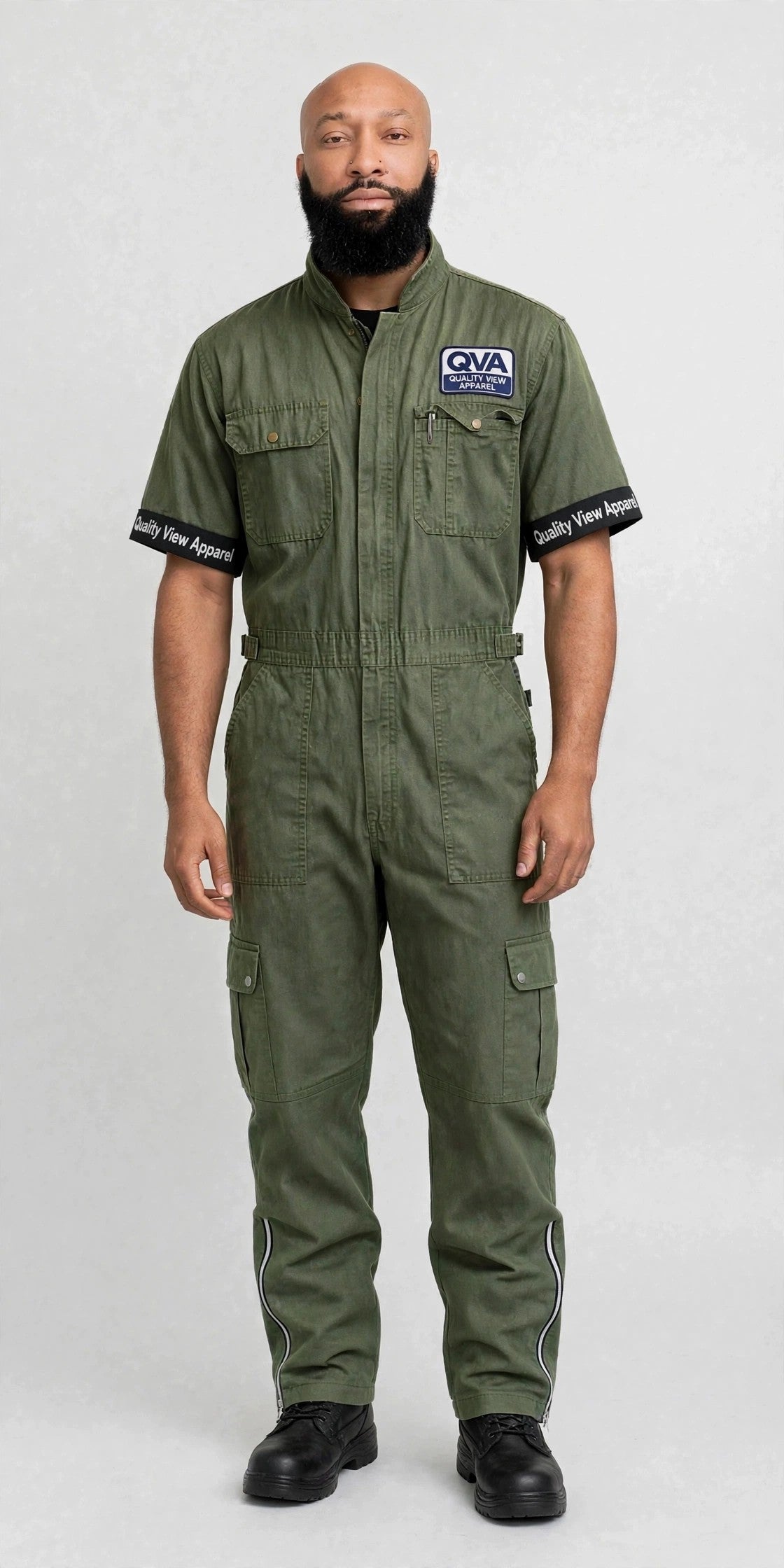 Army Green Work Coverall with cargo pockets, leg zippers and QVA logo