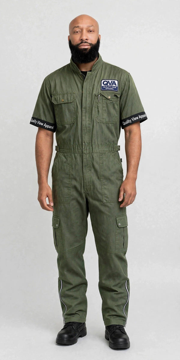 Army Green Work Coverall with cargo pockets, leg zippers and QVA logo