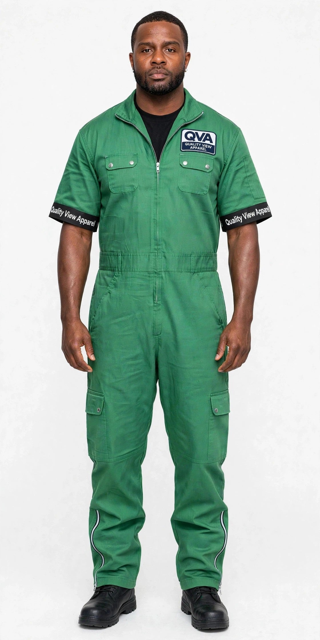 Men's Green Work Coverall with short sleeves and QVA logo