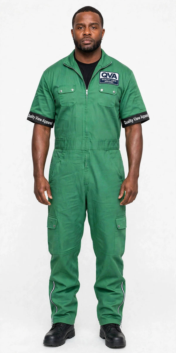 Men's Green Work Coverall with short sleeves and QVA logo